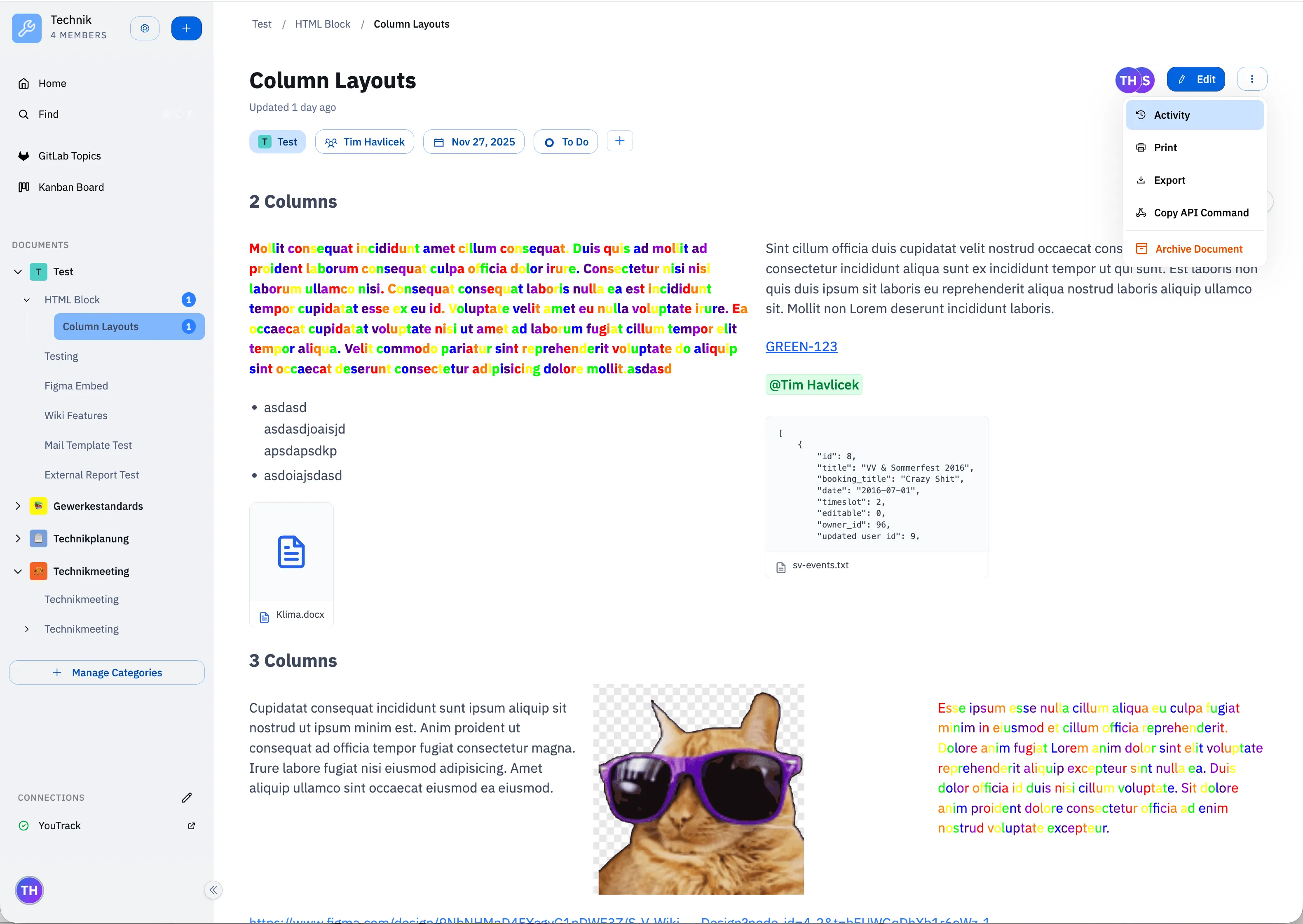 Editor showing column layouts, mentions, and images