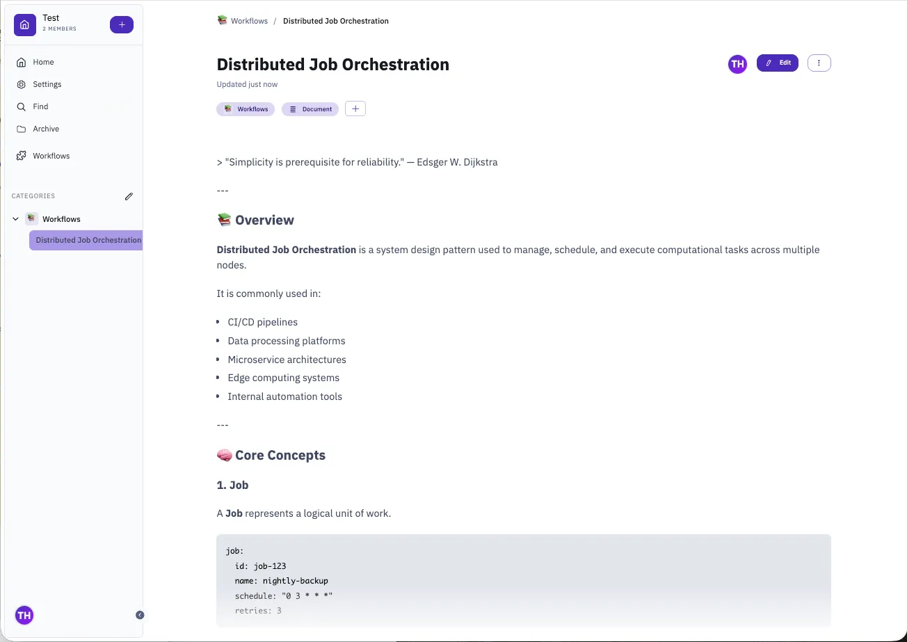 Document view with sidebar showing space structure